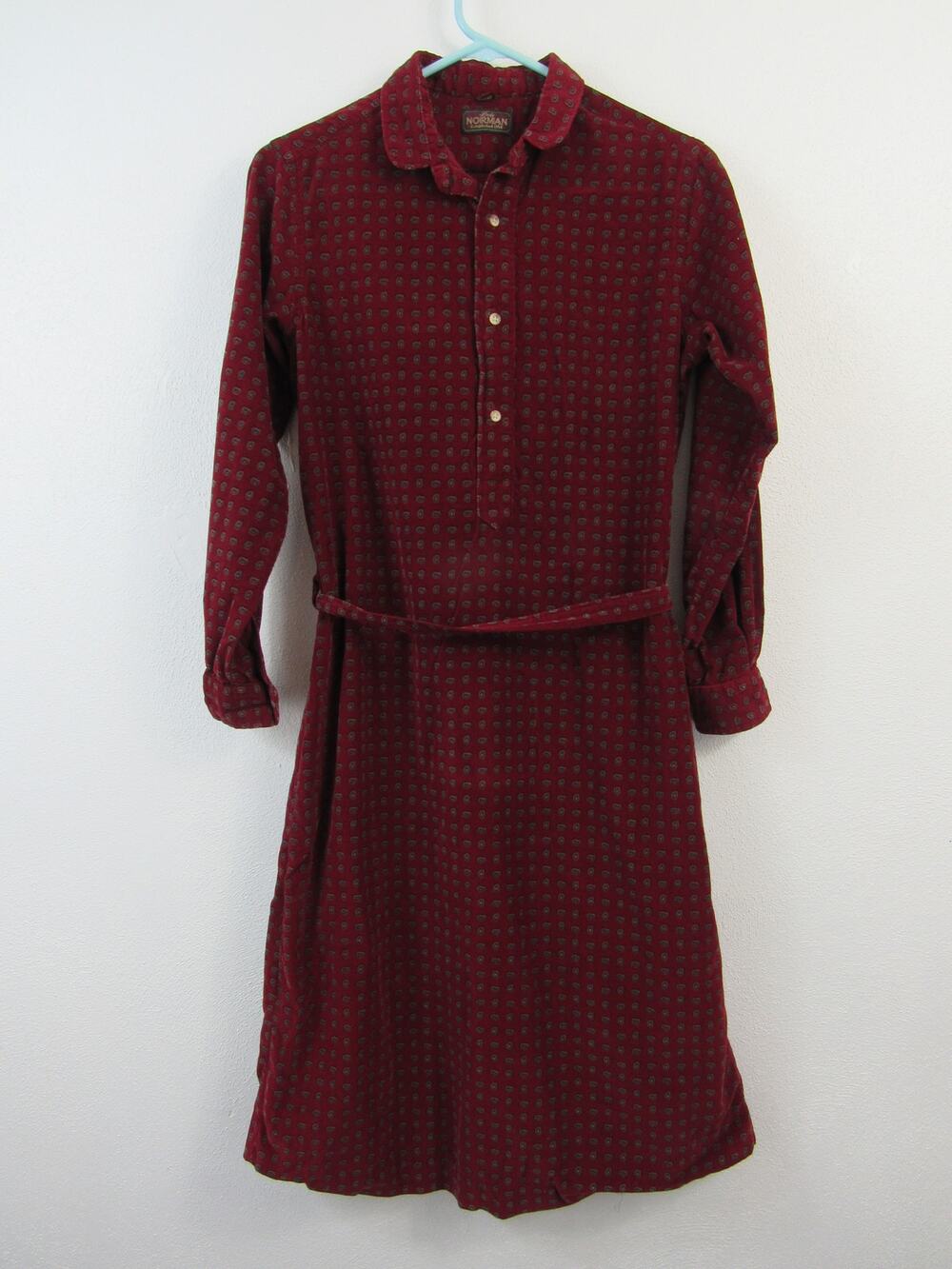 Lady Norman 11/12 Red Paisley Printed Corduroy Long Sleeve Dress Shirt Dress VTG